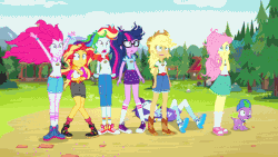 Size: 800x450 | Tagged: safe, screencap, applejack, fluttershy, pinkie pie, rainbow dash, rarity, sci-twi, spike, spike the regular dog, sunset shimmer, twilight sparkle, dog, equestria girls, g4, my little pony equestria girls: legend of everfree, animated, boots, bracelet, clothes, converse, cowboy boots, gif, hat, humane five, humane seven, humane six, jewelry, legs, mane six, shoes, sleeveless, sneakers, socks, tank top