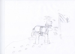 Size: 14033x10167 | Tagged: safe, artist:jeronimom, oc, oc only, oc:toasty pages, pony, unicorn, absurd resolution, clothes, female, flamethrower, mare, military, monochrome, solo, traditional art, uniform, weapon