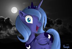 Size: 1500x1024 | Tagged: safe, artist:furseiseki, artist:marble-soda, princess luna, pony, g4, cloud, cloudy, don't go to bed, female, folded wings, happy, moon, night, open mouth, s1 luna, signature, sky, smiling, solo, trace, wide eyes
