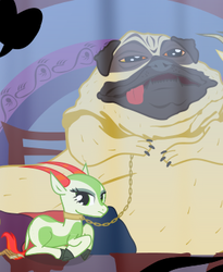 Size: 290x354 | Tagged: safe, artist:christhes, oc, oc only, oc:jade mare, crocodile, hutt, pug, bib fortuna, chains, collar, cropped, jabba the hutt, jabba's palace, leash, oola, pillow, salacious crumb, sex slave, slave, star mares, star wars, throne, tongue out, topi