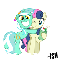 Size: 5000x5266 | Tagged: safe, artist:marble-soda, bon bon, lyra heartstrings, sweetie drops, earth pony, pony, unicorn, g4, absurd resolution, adorabon, correction, cute, drink, female, hug, hug me im irish, lesbian, lyrabetes, lyrish, pencil, ship:lyrabon, shipping, simple background, text, transparent background