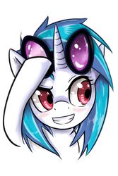 Size: 640x960 | Tagged: safe, artist:marble-soda, dj pon-3, vinyl scratch, pony, unicorn, g4, blushing, bust, female, portrait, simple background, smiling, solo, white background, wrong eye color