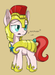 Size: 660x900 | Tagged: safe, artist:tehflah, oc, oc only, earth pony, pony, armor, colored pupils, dialogue, ear fluff, guardsmare, helmet, horseshoes, raised eyebrow, royal guard, solo