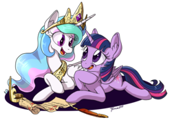 Size: 1000x800 | Tagged: safe, artist:tehflah, princess celestia, twilight sparkle, alicorn, pony, g4, checklist, crown, ear fluff, eye contact, eyeshadow, female, jewelry, lesbian, looking at each other, makeup, open mouth, peytral, prone, quill, regalia, scroll, ship:twilestia, shipping, simple background, transparent background, twilight sparkle (alicorn)
