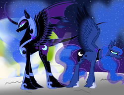 Size: 1024x781 | Tagged: safe, artist:fluffeh-shiba, nightmare moon, princess luna, alicorn, pony, g4, chest fluff, crying, curved horn, duality, horn, moon, sad, spread wings, unshorn fetlocks, watermark