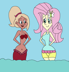 Size: 1333x1393 | Tagged: safe, artist:hunterxcolleen, fluttershy, mermaid, equestria girls, g4, arista (the little mermaid), belly button, clothes, crossover, one-piece swimsuit, swimsuit, the little mermaid, water