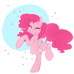 Size: 1280x1290 | Tagged: safe, artist:braindead, pinkie pie, earth pony, pony, g4, confetti, cute, dancing, eyes closed, female, simple background, smiling, solo, standing, standing on one leg, transparent background