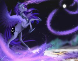 Size: 2024x1595 | Tagged: safe, artist:vinicius040598, princess luna, pony, g4, female, galaxy mane, magic, moon, solo, space