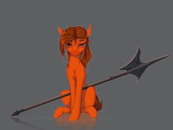 Size: 2000x1500 | Tagged: safe, artist:madhotaru, oc, oc only, earth pony, pony, female, halberd, mare, sitting, smiling, solo, weapon