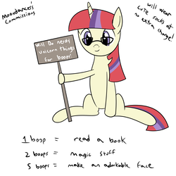 Size: 1600x1600 | Tagged: safe, artist:joey, moondancer, pony, unicorn, g4, bronybait, cute, female, glasses, hoof hold, nerd, sign, simple background, sitting, solo, text, white background, will x for y