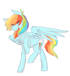 Size: 816x881 | Tagged: safe, artist:braindead, rainbow dash, pegasus, pony, g4, cute, eyes closed, female, laughing, prancing, simple background, smiling, solo, wings