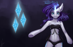 Size: 1024x661 | Tagged: dead source, safe, artist:zefirayn, rarity, semi-anthro, g4, belly button, bikini, black swimsuit, clothes, colored pupils, cutie mark, female, glowing horn, horn, looking at you, solo, swimsuit