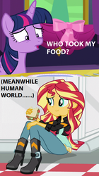 Size: 472x845 | Tagged: safe, sunset shimmer, twilight sparkle, equestria girls, g4, no second prances, boots, clothes, food, high heel boots, jacket, sandwich, screencap comic, statue, twilight sparkle (alicorn)