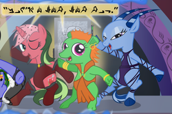 Size: 647x432 | Tagged: safe, oc, oc only, pony, tapir, unicorn, alien language, backup dancers, clothes, comic, cropped, greeata jendowanian, han solo, jabba's palace, lyn me, max rebo band, rystáll sant, singing, star mares, star wars, topi, trio