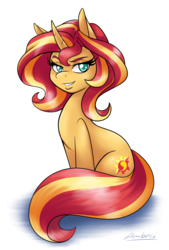 Size: 2650x3922 | Tagged: safe, artist:ambris, sunset shimmer, pony, unicorn, g4, bedroom eyes, colored, colored pupils, commission, curved horn, dreamworks face, female, grin, high res, horn, lidded eyes, looking at you, raised eyebrow, seductive, seductive look, sexy, shadow, signature, simple background, sitting, smiling, smug, solo, stupid sexy sunset shimmer, white background