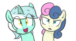 Size: 568x306 | Tagged: safe, artist:shoutingisfun, bon bon, lyra heartstrings, sweetie drops, earth pony, pony, unicorn, g4, bon bon is not amused, bust, cropped, duo, looking at you, lyra is amused, open mouth, portrait, simple background, smiling, unamused, varying degrees of want, white background