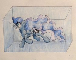 Size: 1024x817 | Tagged: safe, artist:ekakichan, princess luna, pony, g4, female, glass case, missing horn, solo, traditional art, underwater