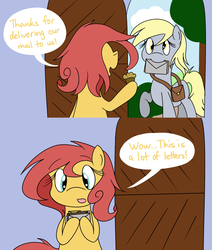 Size: 1280x1511 | Tagged: safe, artist:hummingway, derpy hooves, oc, oc:pan pare, pegasus, pony, ask-humming-way, g4, dialogue, female, mare, tumblr comic