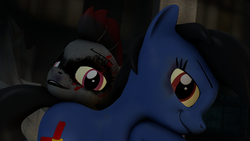 Size: 3840x2160 | Tagged: safe, artist:jeff556, oc, oc only, oc:buckshot, oc:kammy, fallout equestria, 3d, advanced lighting, ammunition, blood, blood on face, bruised, duo, duo female, eyebrows, facial markings, fallout, female, head on flank, high res, raider, raiders, shotgun shell, smirk, source filmmaker, zoomed in