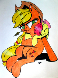 Size: 1508x2017 | Tagged: safe, artist:pepperscratch, apple bloom, applejack, g4, eyes closed, sitting, traditional art