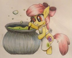 Size: 1024x826 | Tagged: safe, artist:ekakichan, apple bloom, earth pony, pony, g4, apple bloom's bow, apron, bow, cauldron, clothes, female, hair bow, solo, traditional art