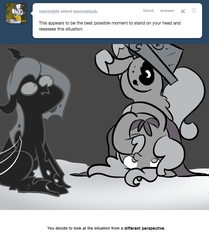 Size: 666x795 | Tagged: safe, artist:egophiliac, princess luna, oc, oc:imogen, changeling, changeling queen, pony, moonstuck, g4, cartographer's cap, changeling queen oc, female, filly, grayscale, hat, headstand, marauder's mantle, monochrome, woona, woonoggles, younger