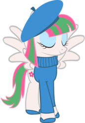 Size: 1000x1457 | Tagged: safe, artist:cool77778, blossomforth, pegasus, pony, g4, beatnik, beret, clothes, female, french, simple background, solo, stereotype, sweater, transparent background