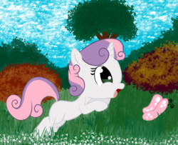 Size: 1562x1269 | Tagged: safe, artist:silversthreads, edit, sweetie belle, butterfly, pony, unicorn, g4, bush, cute, diasweetes, female, filly, grass field, playing, solo, tree