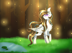 Size: 3800x2800 | Tagged: safe, artist:huirou, oc, oc only, pegasus, pony, female, forest, high res, mare, pond, raised hoof, solo