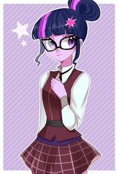 Size: 1181x1748 | Tagged: safe, artist:yun, sci-twi, twilight sparkle, human, equestria girls, g4, clothes, crystal prep academy uniform, cute, female, glasses, meganekko, necktie, pixiv, school tie, school uniform, schoolgirl, solo, stars, twiabetes