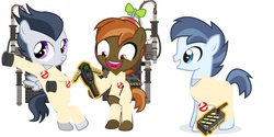 Size: 1489x747 | Tagged: safe, artist:jawsandgumballfan24, button mash, rumble, shady daze, earth pony, pegasus, pony, g4, bipedal, clothes, colt, cosplay, costume, cute, foal, ghostbusters, hat, male, pke meter, propeller hat, proton pack, simple background, smiling, white background