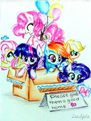Size: 1200x1600 | Tagged: safe, artist:liaaqila, applejack, fluttershy, pinkie pie, rainbow dash, rarity, twilight sparkle, alicorn, butterfly, pony, g4, balloon, box, cute, mane six, ponies in a box, pony in a box, traditional art, twilight sparkle (alicorn)