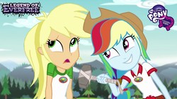 Size: 1280x720 | Tagged: safe, edit, edited screencap, screencap, applejack, rainbow dash, equestria girls, g4, my little pony equestria girls: legend of everfree, ashleigh ball, palette swap, recolor, voice actor joke