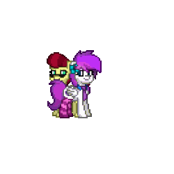 Size: 400x400 | Tagged: safe, artist:lullabytrace, oc, oc only, oc:aces high, oc:lavanda, pony, pony town, animated, chewing, clothes, gif, looking at each other, nom, simple background, smiling, socks, striped socks, transparent background