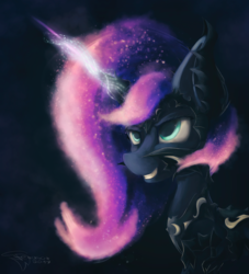 Size: 3000x3300 | Tagged: safe, artist:ferasor, princess luna, pony, g4, armor, female, frown, glowing horn, grin, helmet, high res, horn, smiling, solo