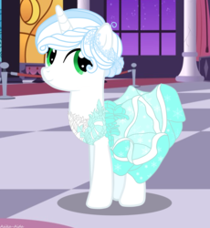 Size: 2845x3086 | Tagged: safe, artist:asika-aida, oc, oc only, oc:snow petal, pony, unicorn, art trade, beautiful, clothes, dress, female, grand galloping gala, green eyes, high res, looking back, mare, night, pillar, smiling, solo, stained glass, stars, window