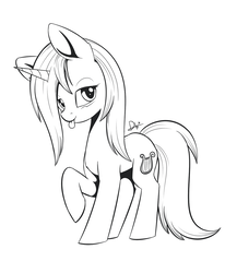 Size: 1024x1182 | Tagged: safe, artist:dusthiel, lyra heartstrings, pony, unicorn, g4, alternate hairstyle, black and white, female, grayscale, lidded eyes, monochrome, raised hoof, simple background, smiling, solo, tongue out, white background