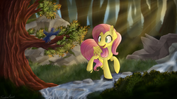 Size: 2560x1440 | Tagged: safe, artist:sentireaeris, fluttershy, bird, pegasus, pony, g4, crepuscular rays, ear fluff, female, forest, looking at something, morning ponies, raised hoof, river, scenery, signature, solo, stream, tree, turned head