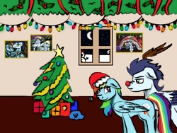 Size: 1019x768 | Tagged: safe, artist:soarindash8, rainbow dash, soarin', pony, g4, christmas lights, christmas tree, hat, male, present, red nose, santa hat, ship:soarindash, shipping, straight, tree