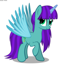 Size: 2845x2950 | Tagged: safe, artist:asika-aida, oc, oc only, oc:melody, alicorn, pony, alicorn oc, female, high res, mare, raised hoof, simple background, smiling, solo, spread wings, transparent background