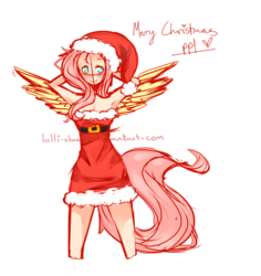 Size: 1024x1087 | Tagged: safe, artist:namjoons-dimples, fluttershy, human, g4, arm behind head, armpits, breasts, cleavage, clothes, colored sketch, costume, dress, female, hat, humanized, santa costume, santa hat, simple background, sketch, solo, tailed humanization, transparent background, watermark, winged humanization, wings