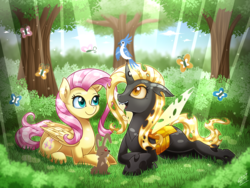 Size: 1500x1125 | Tagged: safe, artist:vavacung, part of a set, fluttershy, bird, blue jay, butterfly, changeling, pegasus, pony, g4, changeling counterpart series, changelingified, forest, part of a series, prone, species swap, yellow changeling