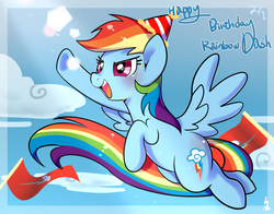 Size: 1400x1100 | Tagged: safe, artist:haden-2375, rainbow dash, pony, g4, female, flying, happy birthday, hat, open mouth, party hat, solo, underhoof