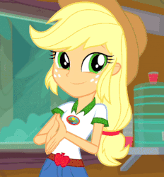 Size: 417x450 | Tagged: safe, screencap, applejack, equestria girls, g4, my little pony equestria girls: legend of everfree, air quotes, animated, clothes, cowboy hat, cropped, cup, denim, female, freckles, gif, hat, jug, shorts, solo, stetson, talking