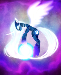 Size: 1563x1931 | Tagged: dead source, safe, artist:magnaluna, princess luna, alicorn, pony, g4, alternate design, alternate universe, color porn, curved horn, eyes closed, female, horn, magic, solo, spread wings, white-haired luna