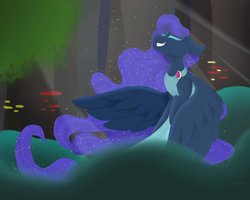 Size: 1024x819 | Tagged: safe, artist:laps-sp, princess luna, pony, g4, clothes, dress, eyes closed, female, smiling, solo, tree