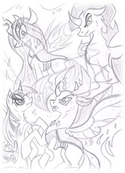 Size: 1637x2266 | Tagged: safe, artist:rossmaniteanzu, king sombra, queen chrysalis, thorax, twilight sparkle, alicorn, changedling, changeling, pony, umbrum, unicorn, g4, to where and back again, fight, king thorax, sketch, traditional art, twilight sparkle (alicorn), wip