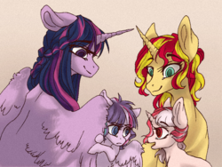 Size: 800x600 | Tagged: safe, artist:castaspellliana, sunset shimmer, twilight sparkle, oc, oc:astra, oc:daybreak, alicorn, pony, unicorn, g4, gradient background, offspring, parent:flash sentry, parent:sunset shimmer, parent:twilight sparkle, parents:flashlight, smiling, twilight sparkle (alicorn)