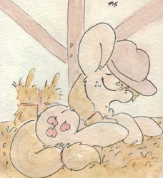 Size: 696x762 | Tagged: safe, artist:slightlyshade, applejack, earth pony, pony, g4, eyes closed, female, prone, sleeping, solo, traditional art