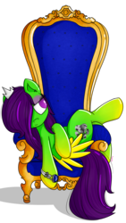 Size: 1836x3264 | Tagged: safe, artist:lemanda, oc, oc only, oc:camoflage cat, pegasus, pony, bracelet, crown, cute, eyeshadow, gold, gradient hooves, green coat, green fur, jewelry, makeup, purple eyes, purple hair, regalia, royalty, simple background, solo, throne, transparent background, two toned wings, wings